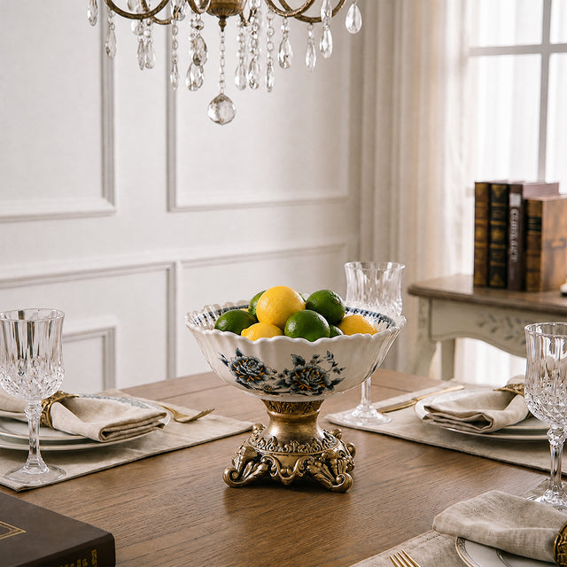 pedestal bowl with fruit on dining table