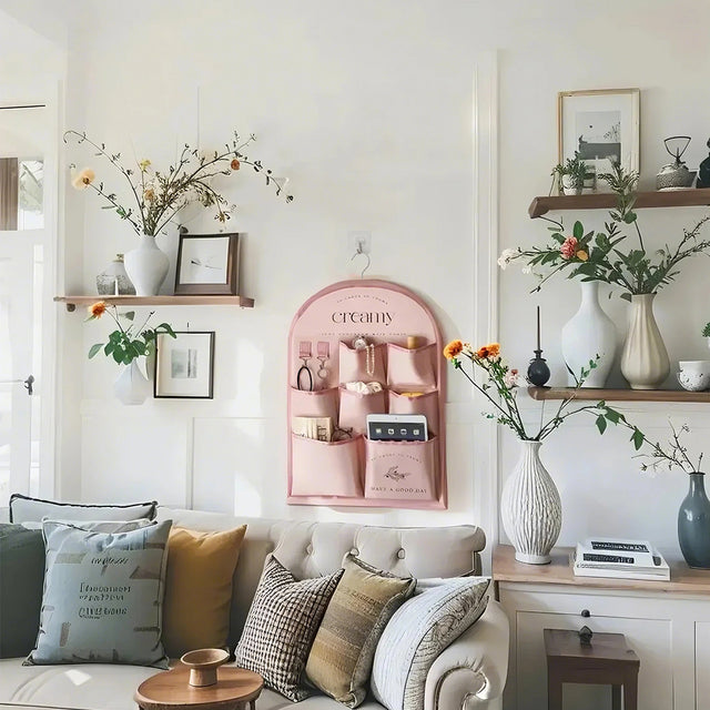 pink fabric storage bag on the wall