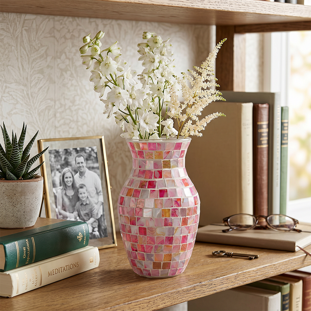 pink mosaic vase with white flowers on shelf