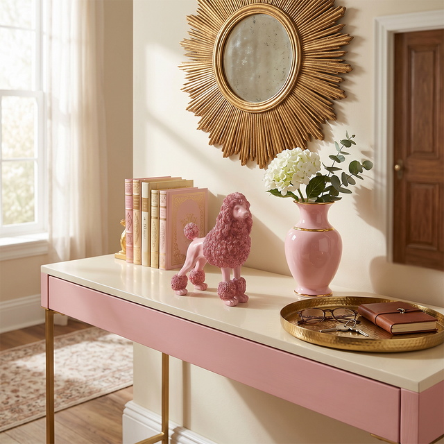 pink poodle on console table with flowers