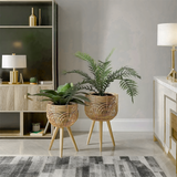 rattan plant stands in corner 