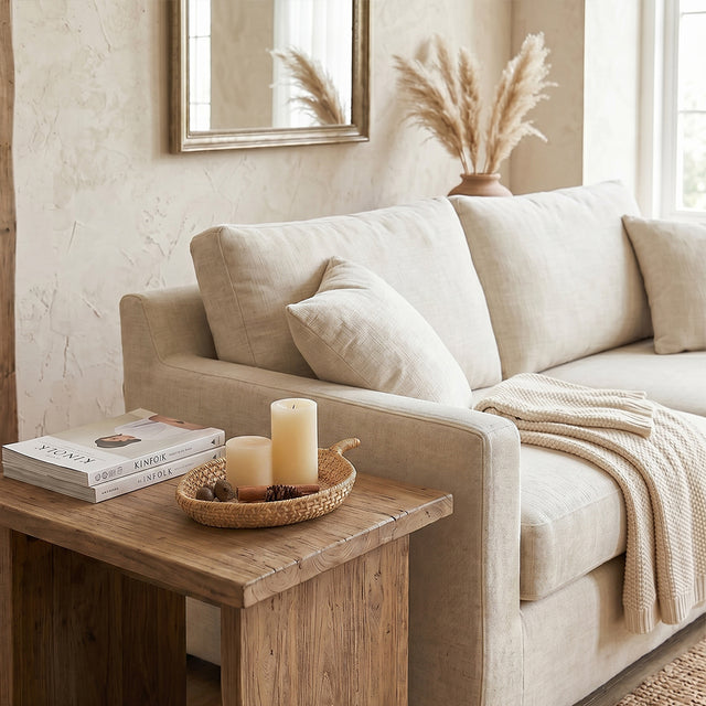 rattan tray with candles on wooden side table