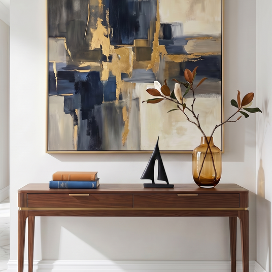 sailboat sculpture on table before abstract painting