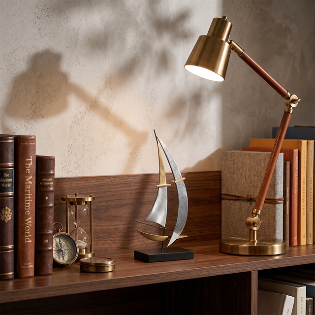 sailboat sculpture on wooden bookshelf with lamp