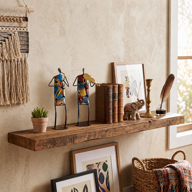 sculptures on rustic wooden shelf with books