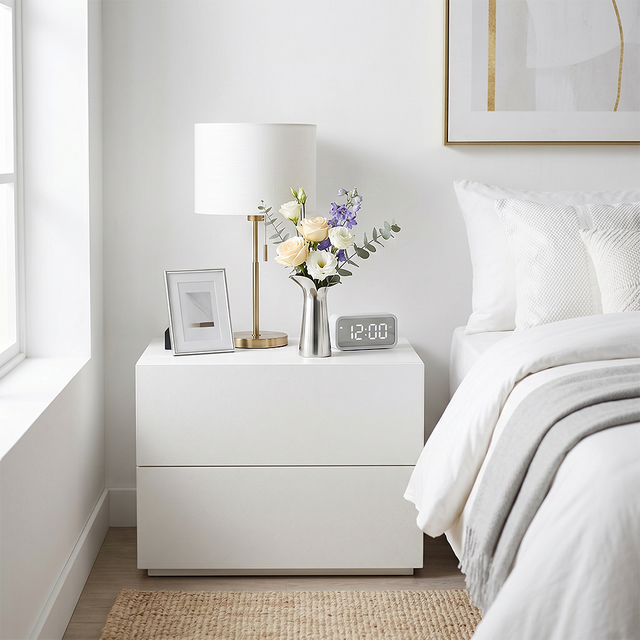 silver vase with flowers on white bedside table