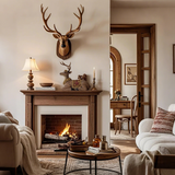 sitting deer figurine above the fireplace