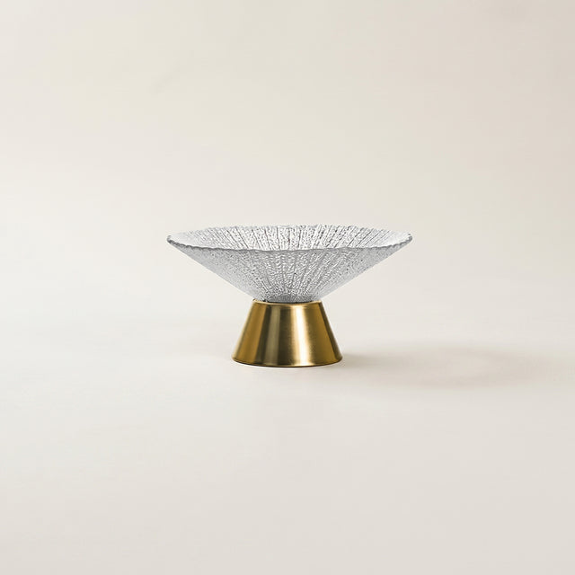 small textured glass gold base fruit bowl side view