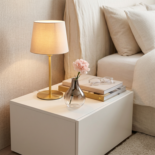 smoked glass vase with pink flower on bedside