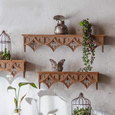 solid wood floating wall shelf on the wall 
