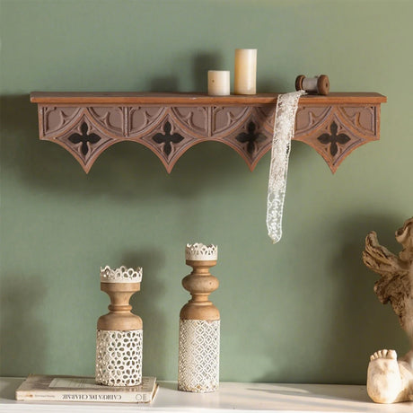 solid wood floating wall shelf with candles 