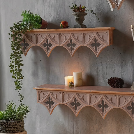 solid wood floating wall shelf with decorations 