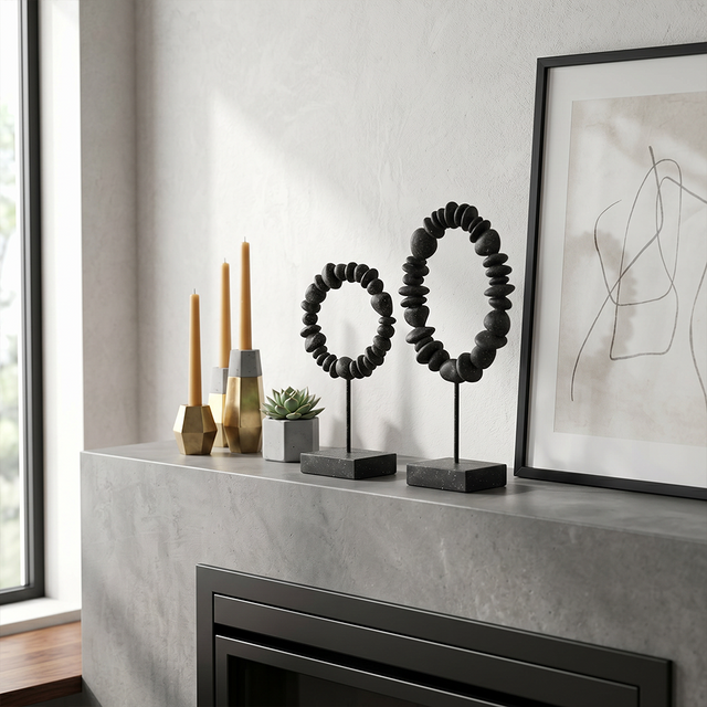 stone ring sculptures on grey console