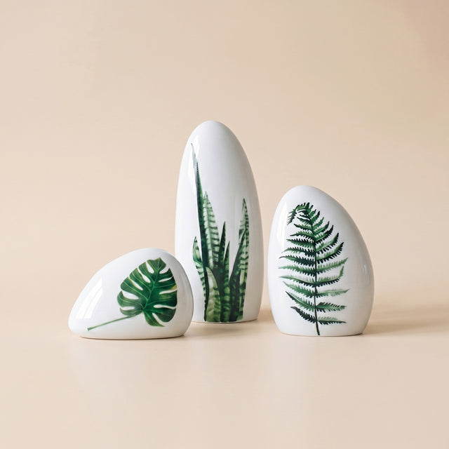 three botanical leaf print ceramic decor objets