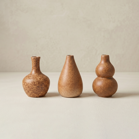 three brown ceramic vases front view