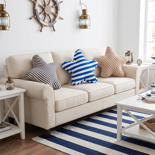 three starfish pillows on cream sofa