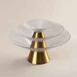 three textured glass gold base fruit bowls stacked display