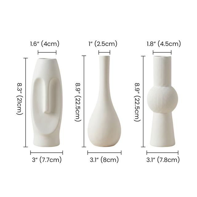  three white ceramic vases dimensions size chart