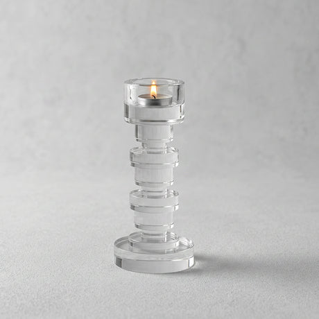 transparent stacked crystal candle holder lit