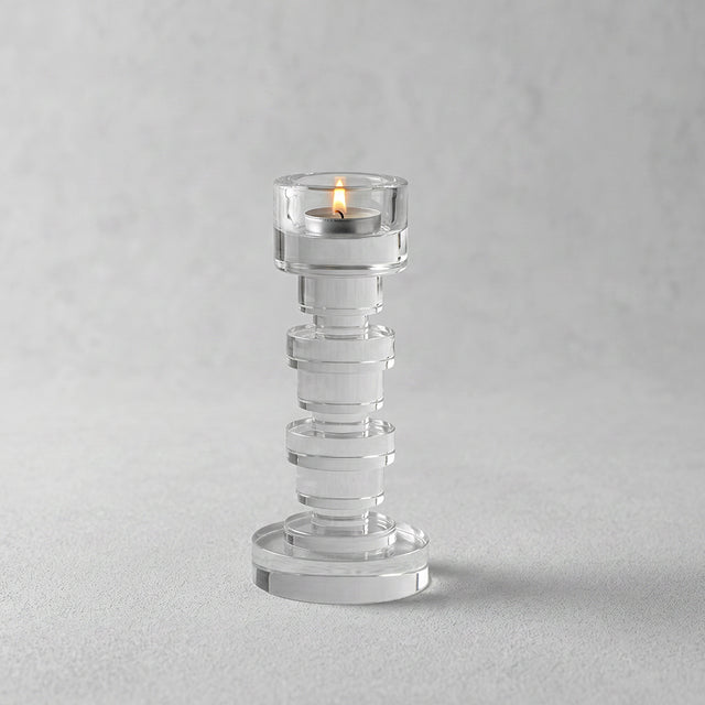 transparent stacked crystal candle holder lit