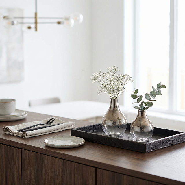 two smoked glass vases on dark wood sideboard