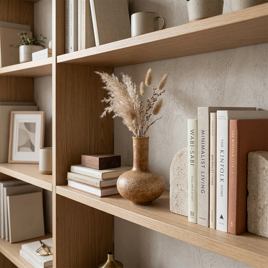 vase on bookshelf with books
