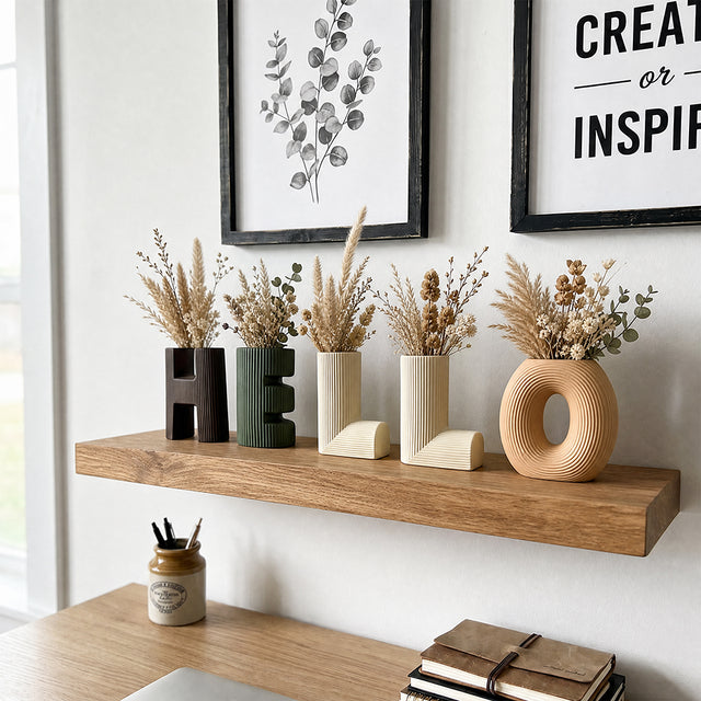 vase on white desk with decor
