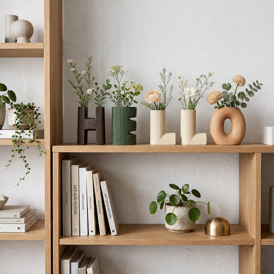 vase on wooden shelf with plants