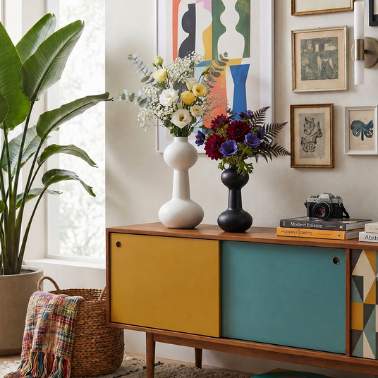 vases with flowers on colorful sideboard