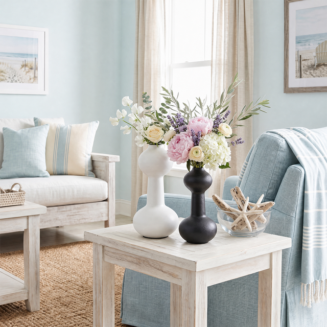 vases with flowers on side table near blue sofa