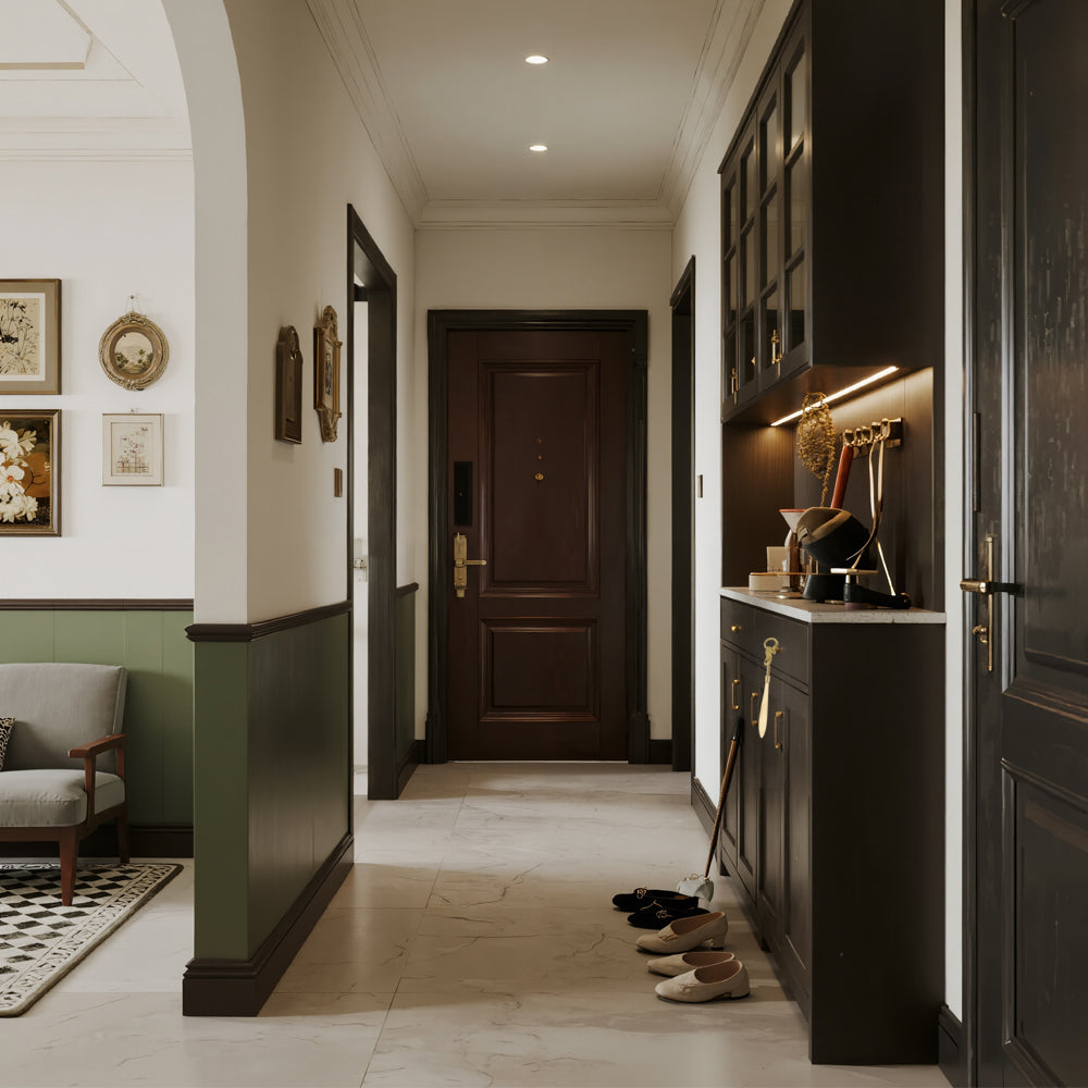 vintage brass golden shoe horn details on the shoe cabinet