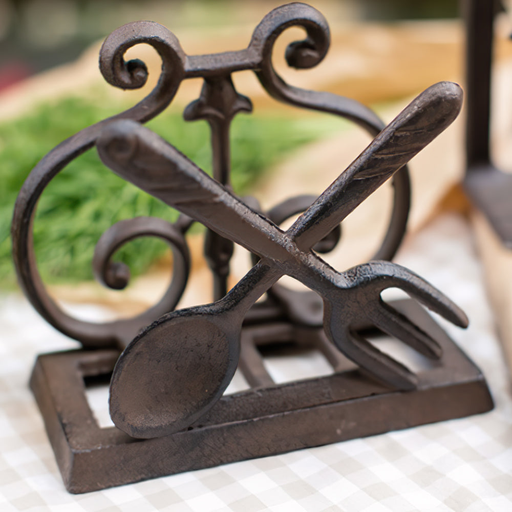 vintage cast iron brown fork knife shaped napkin holder cookbook stand and bookend details