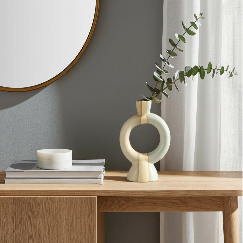 vintage ceramic bicolor decorative candle holders on the side table