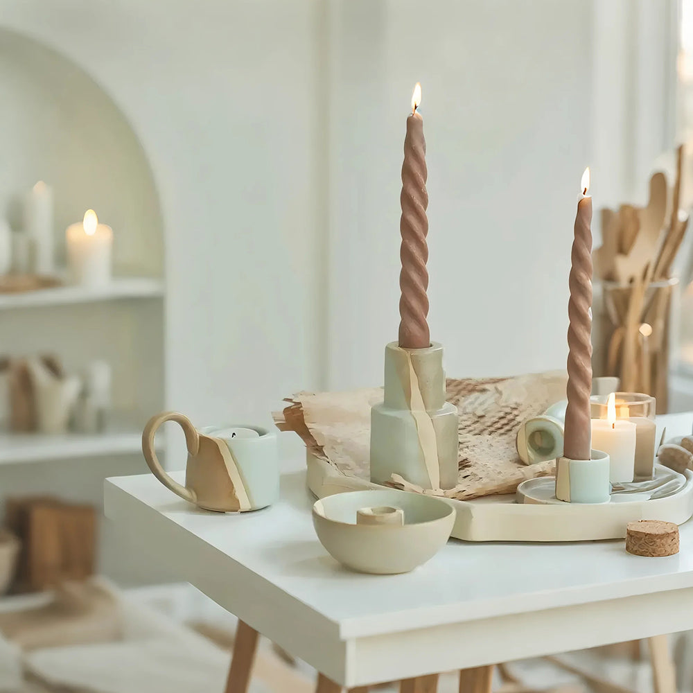 vintage ceramic bicolor decorative candle holders on the table