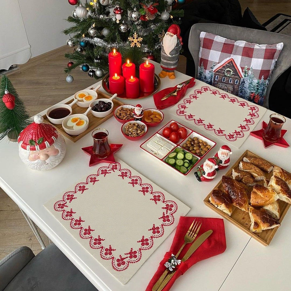 vintage floral embroidered cotton table linens placemats as Christmas decor