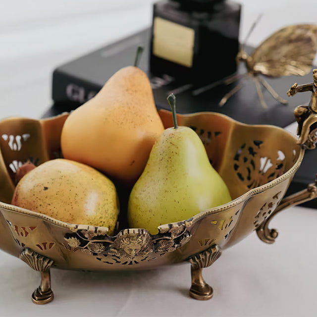 vintage hollow-out brass fruit plate with handles details
