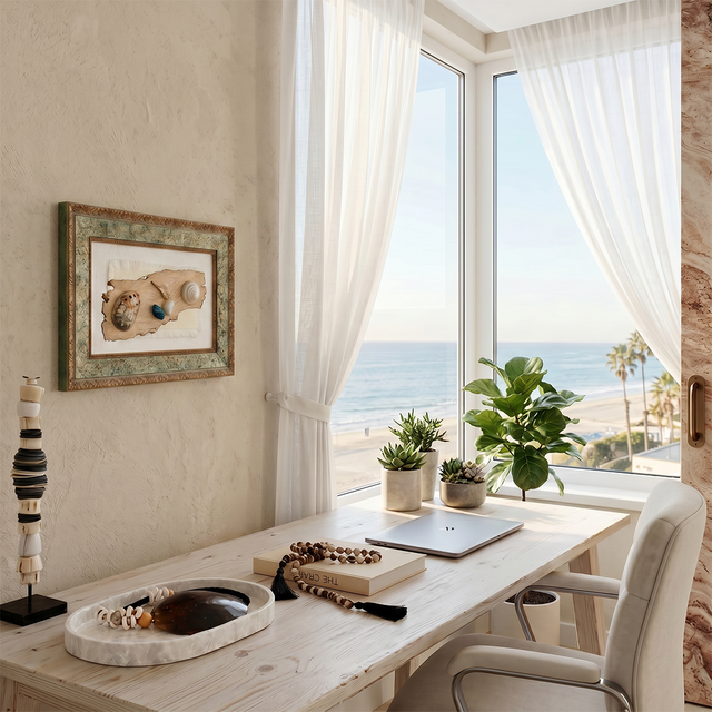 vintage shell art above coastal office desk