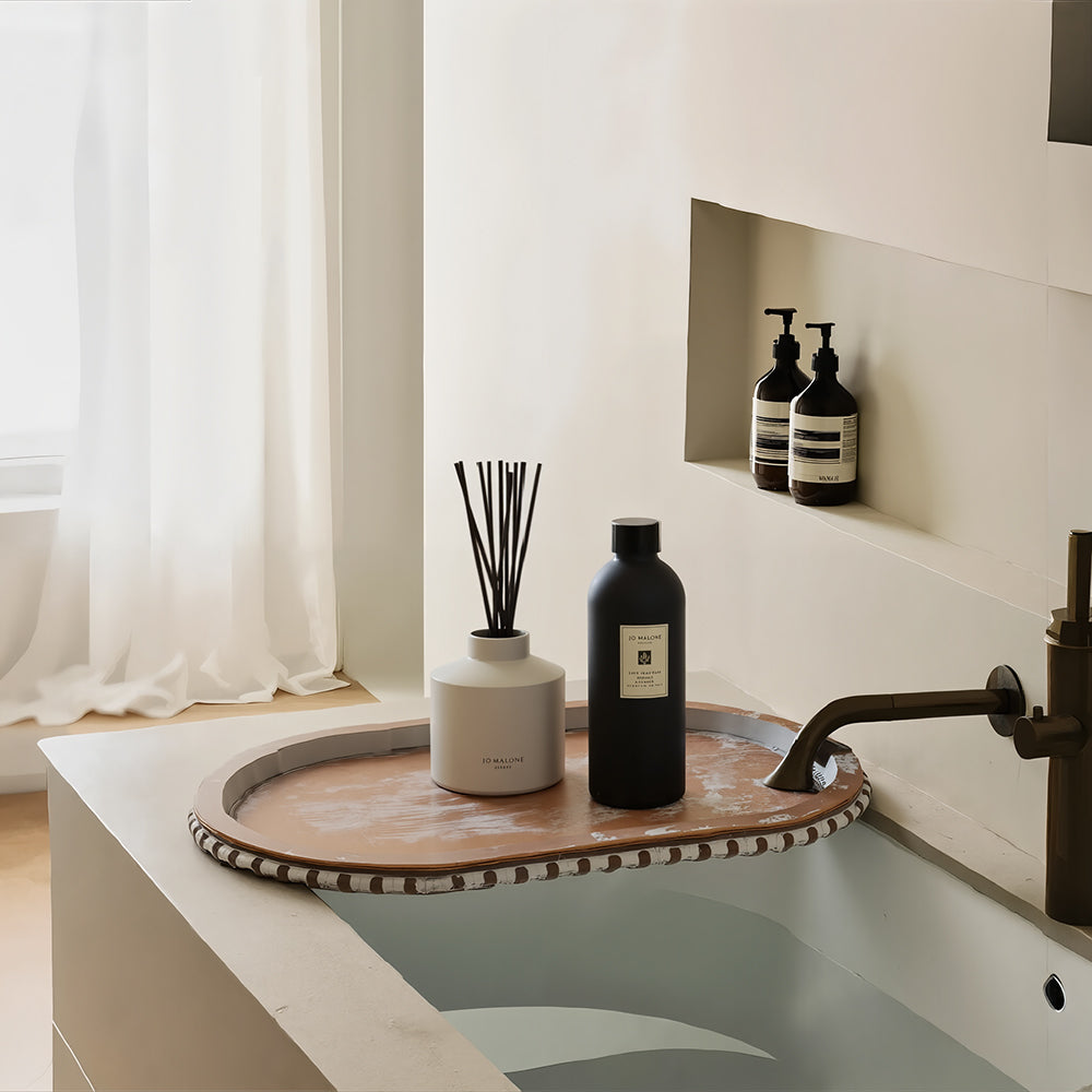 vintage wooden oval decorative storage tray place toiletries in the bathroom