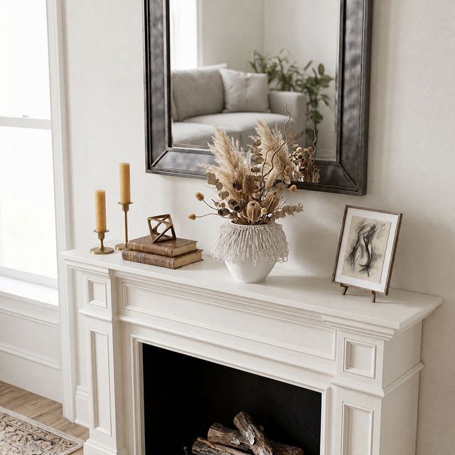 white loop vase with dried flowers on white mantel