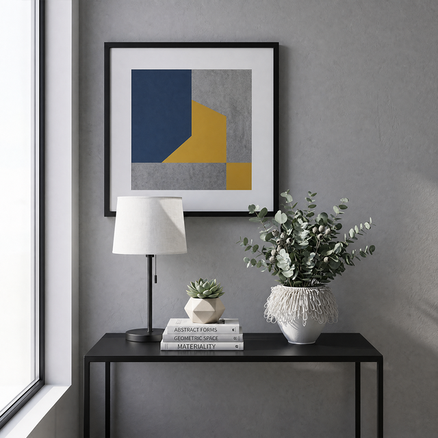 white loop vase with eucalyptus on geometric console