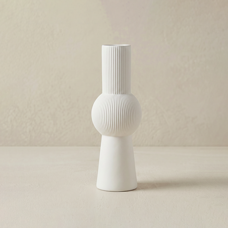 white ribbed sphere vase with cylindrical neck
