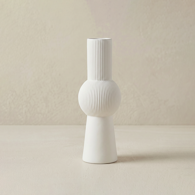 white ribbed sphere vase with cylindrical neck