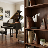 white saxophone sculpture on music room bookshelf
