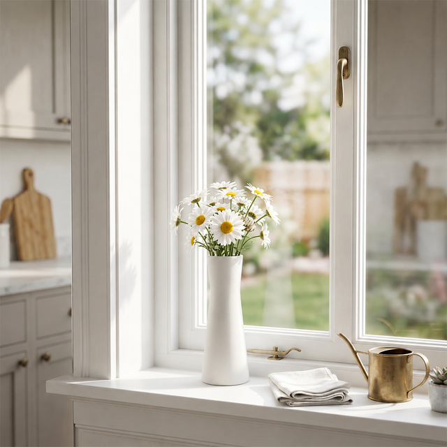 white vase with daisies on kitchen window