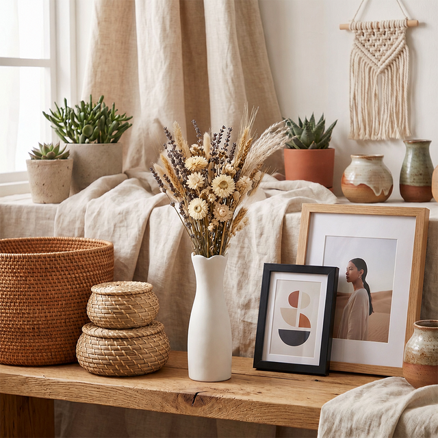 white vase with dried flowers on table