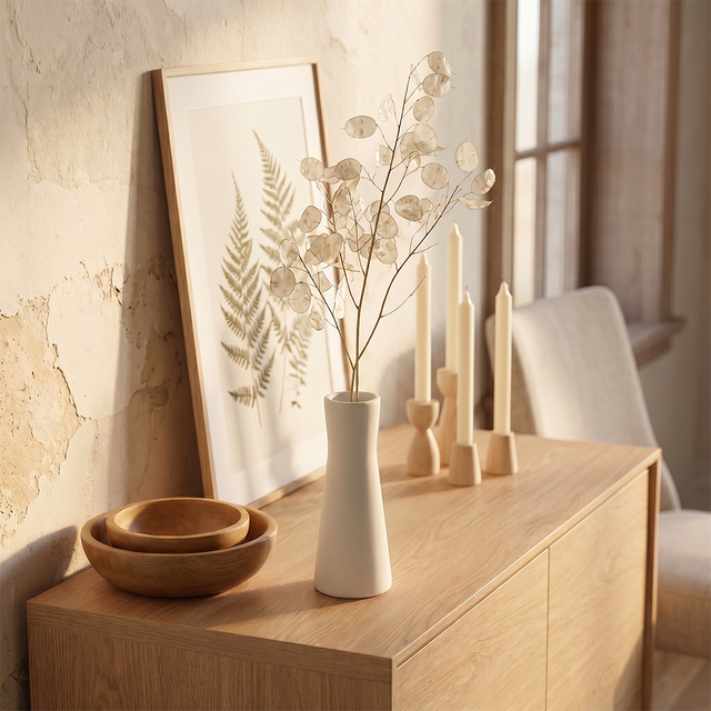 white vase with lunaria on wooden sideboard