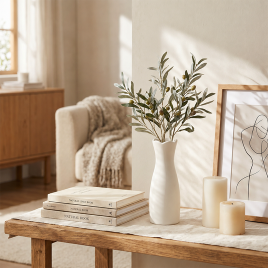 white vase with olive branches on table