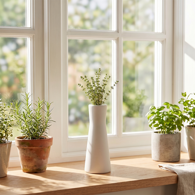 white vase with thyme on window sill