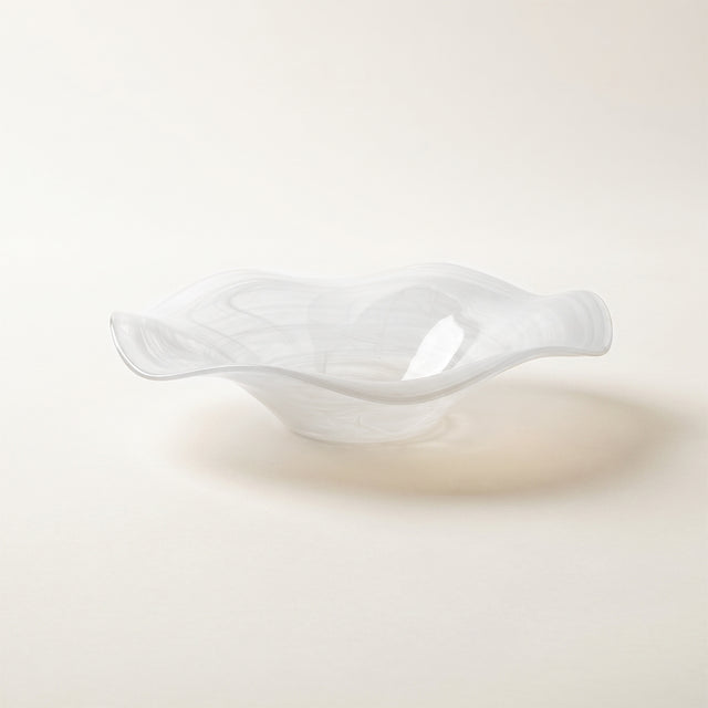 white wavy glass bowl side view close up