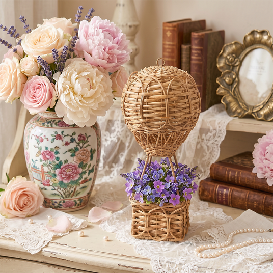 wicker balloon with flowers on lace romantic table